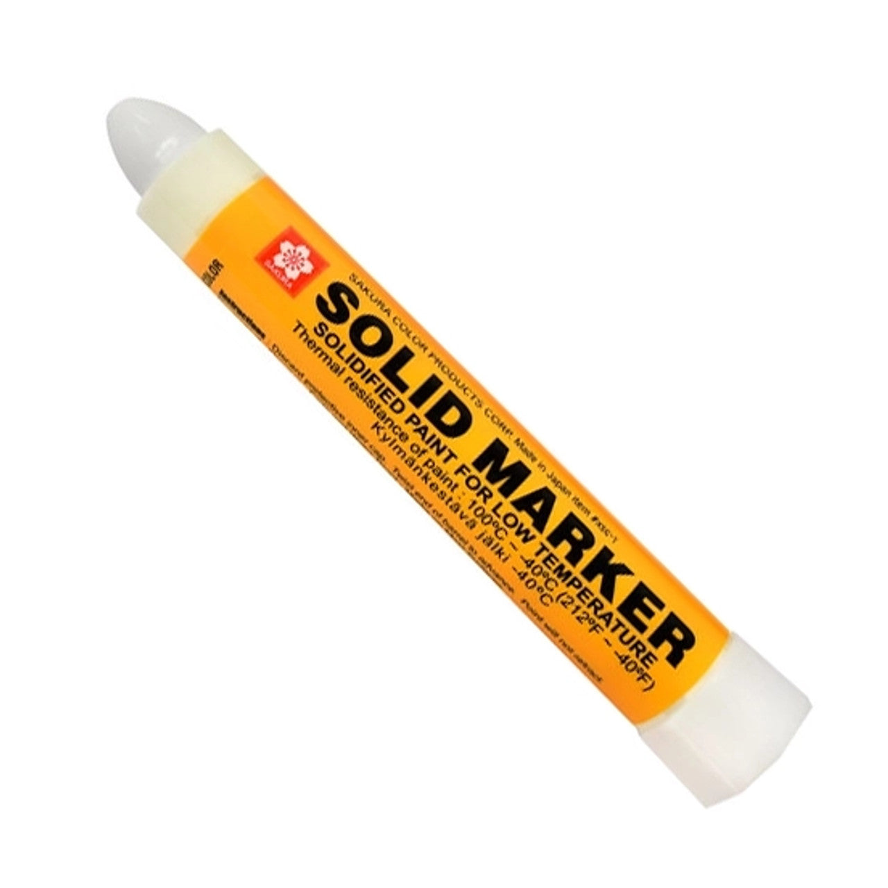 Solid paint marker for low temperatures with white tip, permanent paint, and durable plastic casing