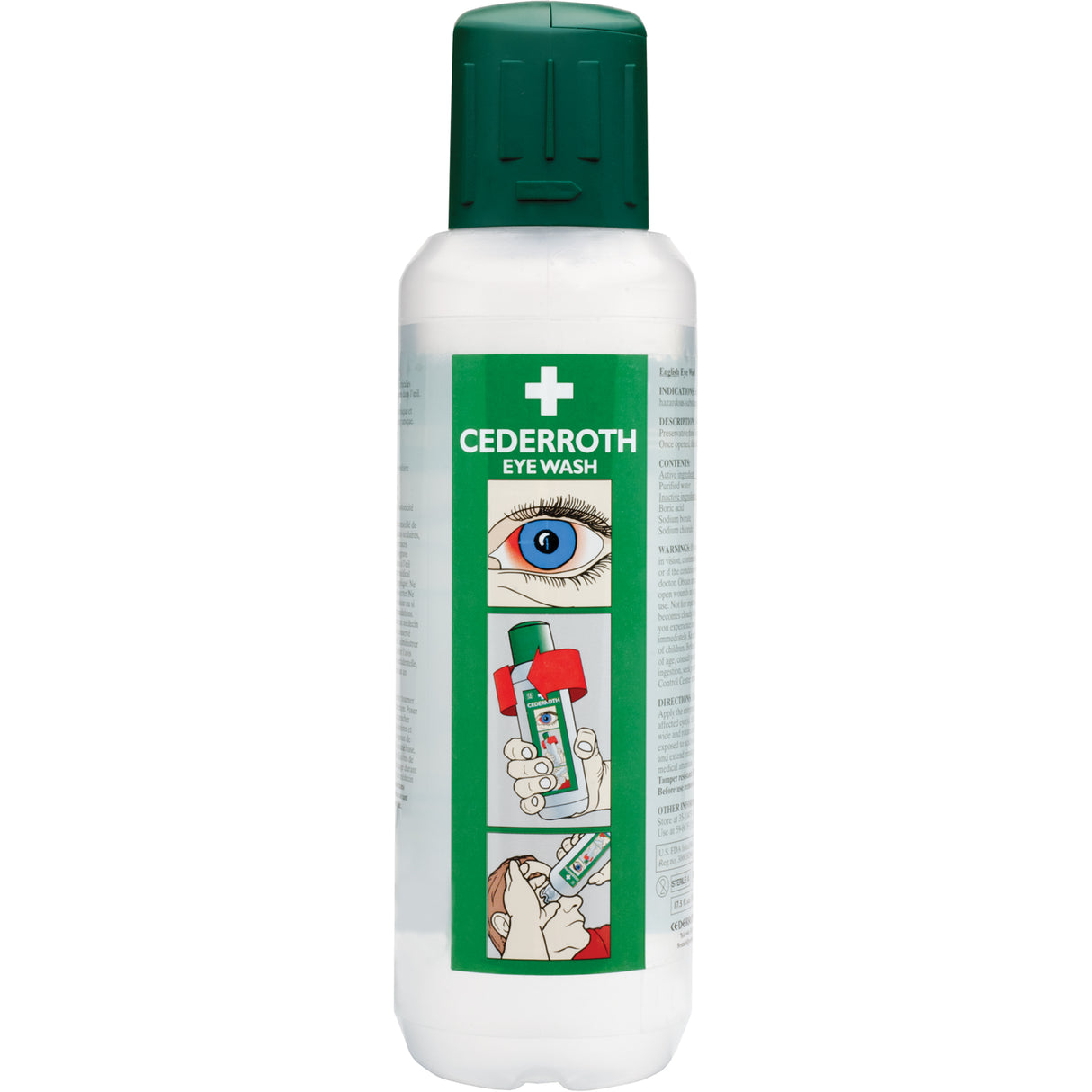 500ml Cederroth eye wash bottle with ergonomic basin, easy twist-open cap, and integrated cover for hygiene and convenience