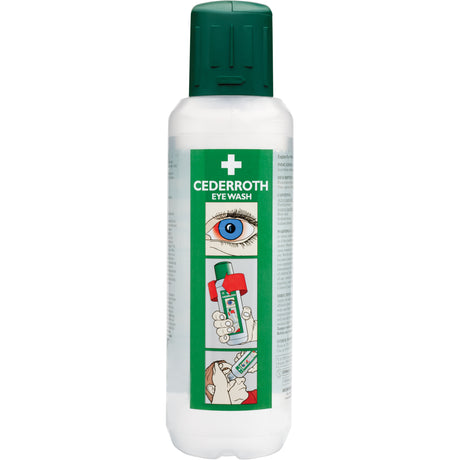 500ml Cederroth eye wash bottle with ergonomic basin, easy twist-open cap, and integrated cover for hygiene and convenience