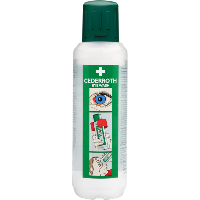 500ml Cederroth eye wash bottle with ergonomic basin, easy twist-open cap, and integrated cover for hygiene and convenience