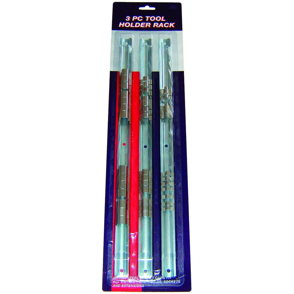 Set of 3 steel socket holder rails in 1/4", 3/8", and 1/2" sizes for organized tool storage