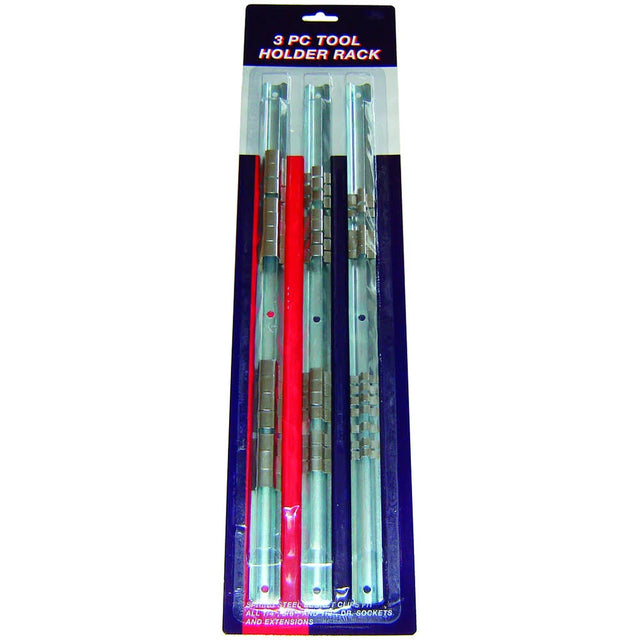 Set of 3 steel socket holder rails in 1/4", 3/8", and 1/2" sizes for organized tool storage