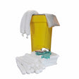 Yellow 45-gallon spill kit with locking ring lid, 100 absorbent pads, 5 socks, 2 berms, gloves, and safety goggles