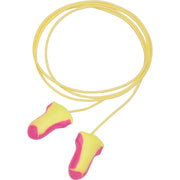 Pair of yellow and pink T-shaped polyurethane foam earplugs with bright cords for adjustable fit and easy placement