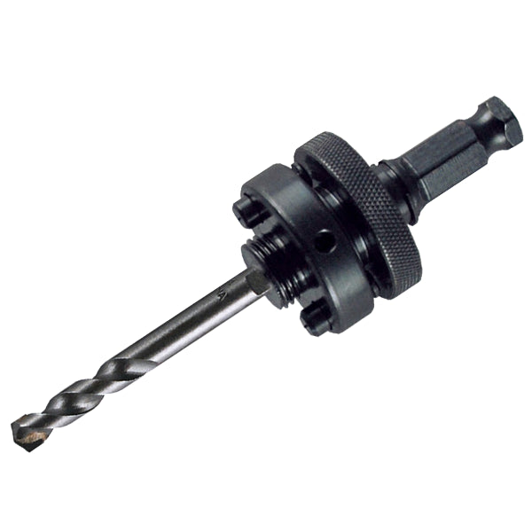 M34 hole saw arbor with 3/8-inch shank, black metal construction, and integrated pilot drill bit for precision drilling