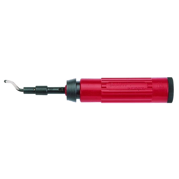 Red deburring tool with ergonomic grip and replaceable blade for heavy-duty edge and hole finishing tasks