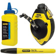 Stanley FatMax 100ft chalk line reel with stainless hook, water-resistant case, blue chalk bottle, and fine tip permanent marker