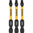 Set of three DEWALT 2-1/4" square drive bits with FlexTorq geometry for extended durability and shock absorption
