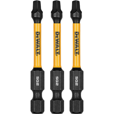 Set of three DEWALT 2-1/4" square drive bits with FlexTorq geometry for extended durability and shock absorption