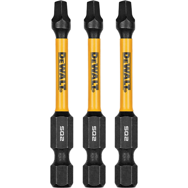 Set of three DEWALT 2-1/4" square drive bits with FlexTorq geometry for extended durability and shock absorption