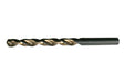 5.0mm HSS drill bit with 135-degree tip angle, black and gold coating, and spiral flute for enhanced wear resistance