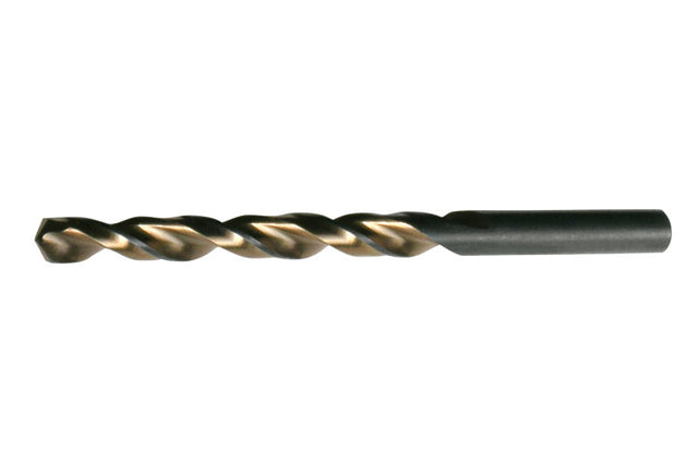 5.0mm HSS drill bit with 135-degree tip angle, black and gold coating, and spiral flute for enhanced wear resistance