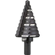 Milwaukee step drill bit size 1/4 to 1 3/8 inches in 1/8 increments with double flute design and hex shank