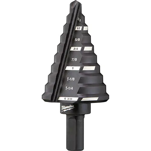 Milwaukee step drill bit size 1/4 to 1 3/8 inches in 1/8 increments with double flute design and hex shank