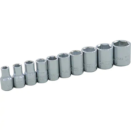 Set of 10 chrome plated 1/4 inch drive sockets made from premium steel for corrosion resistance and durability