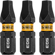 Three-pack of DeWalt 1-inch square drive impact driver bits with durable black and yellow design
