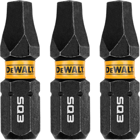Three-pack of DeWalt 1-inch square drive impact driver bits with durable black and yellow design