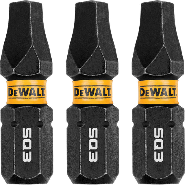 Three-pack of DeWalt 1-inch square drive impact driver bits with durable black and yellow design