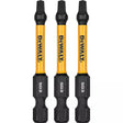 Set of three DEWALT 2-1/4" square drive impact drill bits with yellow shaft and black hex ends