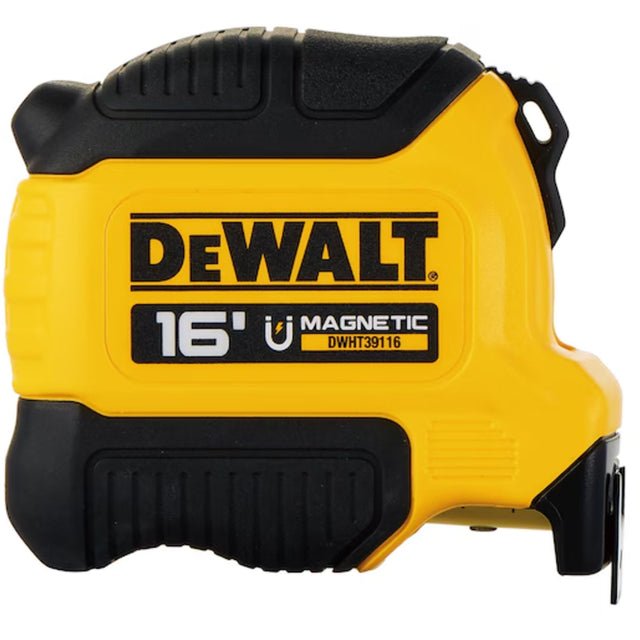 16-foot DeWalt magnetic tape measure with compact design, durable blade coating, and enhanced grip for tight spaces