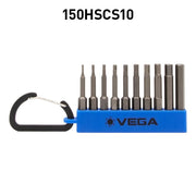 10-piece VEGA hex bit set with shock-resistant S2 steel, CNC-machined, in blue holder with black carabiner clip