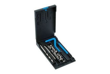 Thread repair kit with blue T-handle driver, helicoil inserts, and metal installation tools in black plastic case