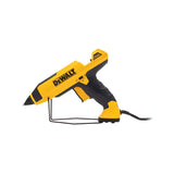 Yellow and black DEWALT hot glue gun with ergonomic handle, trigger control, and metal stand for precision gluing tasks
