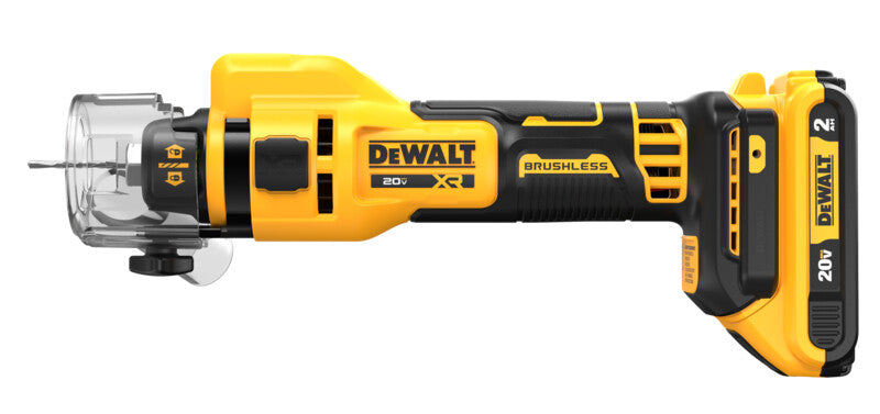 DeWalt 20V MAX brushless drywall cutting tool with 26000 RPM motor and clear plastic blade guard