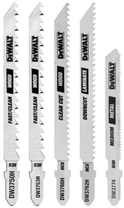 Set of 5 T-shank jigsaw blades for wood, laminate, and metal cutting, compatible with Bosch and DEWALT saws