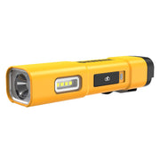 Yellow and black rechargeable LED flashlight with magnetic base for hands-free work in low-light conditions