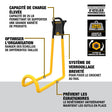 Yellow Dewalt ladder hook with patented locking system, non-slip coating, fits metal rails, supports up to 25 lbs