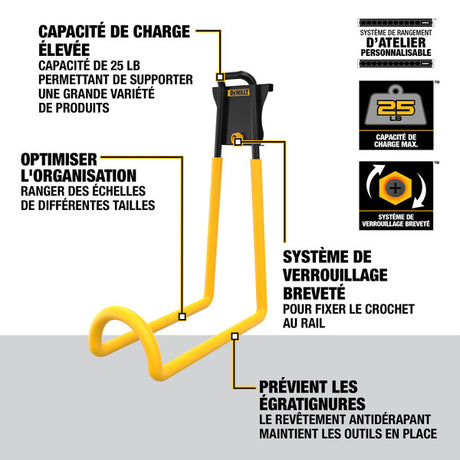 Yellow Dewalt ladder hook with patented locking system, non-slip coating, fits metal rails, supports up to 25 lbs