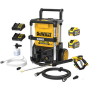 Cordless 20V MAX pressure washer kit with brushless motor, two batteries, hose, spray gun, and detergent bottle