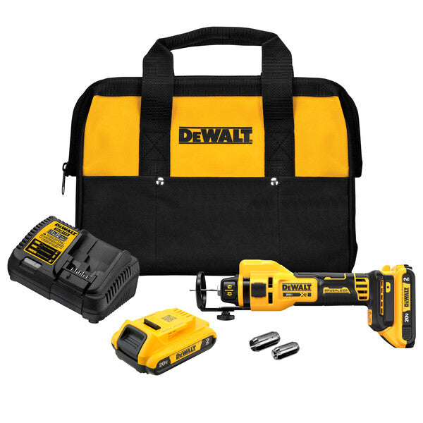 Cordless drywall cut-out tool kit with brushless motor, battery, charger, accessories, and carrying bag