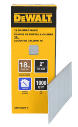 DeWALT 18 gauge brad nails, 2 inch length, 1000 count, designed for indoor finishing and framing tasks