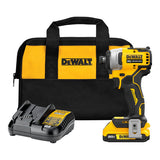 DeWalt 20V brushless compact impact driver with battery, charger, and black yellow carrying bag set