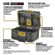 DEWALT ToughSystem 2.0 charger case with dual ports, battery storage, internal fan, and stacking latches for 20V and FLEXVOLT batteries