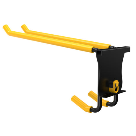 Double yellow DEWALT workshop hook with black mounting bracket, designed to attach to metal rails for long-handled tool storage