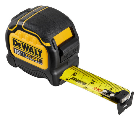 16-foot durable measuring tape with robust casing, yellow blade marked in inches, designed for heavy-duty use