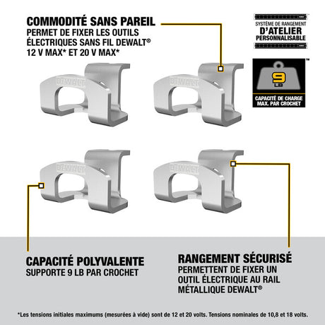Set of 4 versatile metal hooks for Dewalt cordless tools, mounts on metal rail with 9 lb load capacity per hook