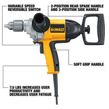 DeWalt 1/2 inch drill mixer with variable speed, reversible switch, soft grip handle, and ergonomic side and rear handles