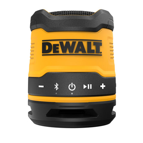 Compact portable Bluetooth speaker with rugged yellow and black design, DEWALT branding, and control buttons for volume and playback