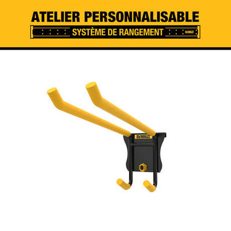 Double yellow DEWALT standard hook for modular metal rail storage system, ideal for long-handled tools organization