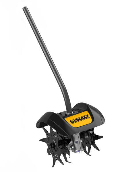 Attachment cultivator with four steel tines and long handle, compatible with DEWALT multi-accessory system for versatility.