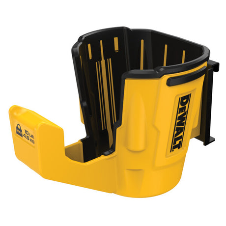 Yellow and black composite plastic DEWALT wall mount tool holder for industrial workshop rail systems