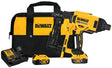 Cordless DEWALT 9GA fence stapler with 20V batteries, charger, and black-yellow carrying bag for rural use