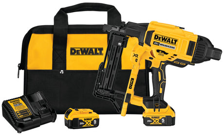 Cordless DEWALT 9GA fence stapler with 20V batteries, charger, and black-yellow carrying bag for rural use