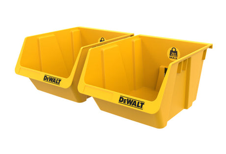 Set of 2 yellow DEWALT plastic storage bins with front access, designed for mounting on DEWALT metal rails