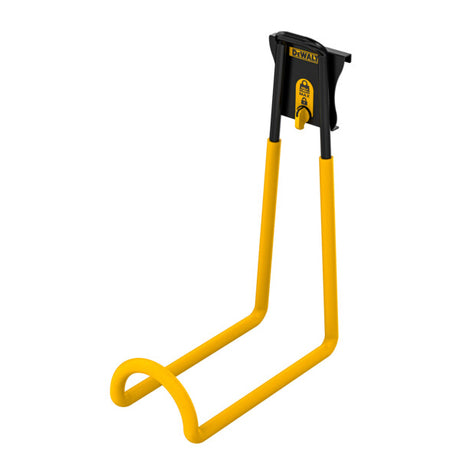 Yellow and black DEWALT ladder hook with metal construction, mounts on DEWALT metal rail for secure ladder storage
