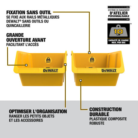 Pack of 2 yellow DEWALT plastic storage bins with front access, tool-free metal rail mounting, and 10 lb load capacity each